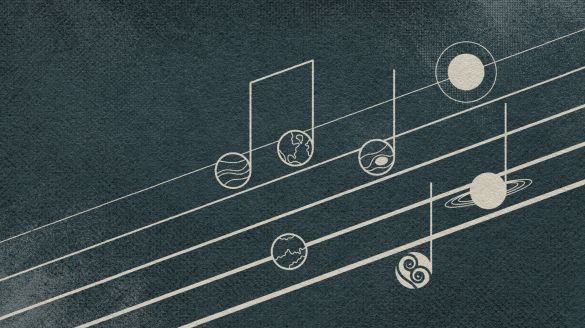 Illustration of music notes as planets. 